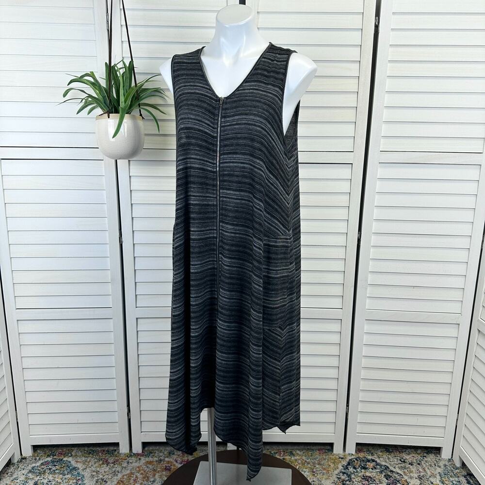 Comfy USA L Black Gray Striped Sleeveless Tank Dress Long Knit‎ Tunic Asymmetric